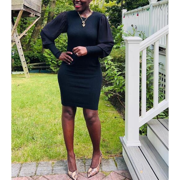 CAbi Duet Dress #4455 Size XS Black Bodycon Sheer Ballon Sleeves Stretchy New - Picture 1 of 9